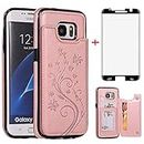 Phone Case for Samsung Galaxy S7 Edge with Tempered Glass Screen Protector Card Holder Wallet Cover Stand Flip Leather Cell Glaxay S7edge Gaxaly S 7 Plus Galaxies GS7 7s 7edge Cases Women Rose Gold