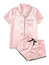 WDIRARA Women's Sleepwear Satin Short Sleeve Shirt and Shorts Pajama Set, Pink, Small