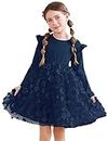 Kids4ever 6-12T Girls Chiffon Dress with Solid Pom Poms & Flutter Ruffle Short Sleeve Kids Lace Square Neck Frocks, Navy, 6-7 Years