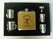 Fireball Whiskey Engraved Leather Covered Stainless Steel Flask with 4 shot glasses and a funnel in a black presentation box