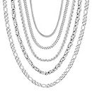 CASSIECA 5 Piezas Collar de Cadena de Acero Inoxidable para Hombre Mujer Cadena de Cuerda de Plata para Colgante Cadena de Eslabones Cubanos Figaro Rolo Collar Conjunto, 46CM