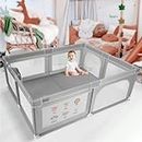 Cowiewie Baby Playpen, 76.77" x 61.02" Large Playard with Hanging Basket, and Breathable Mesh with Prints, Safety Gate Playpen for Babies and Toddlers, Kids Activity Center