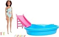 Barbie Doll and Pool Playset, Brunette in Seafoam Blue One-Piece Swimsuit with Pool, Slide, Towel and Drink Accessories