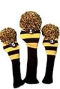 Majek Golf Club Head Covers Black and Yellow Limited Edition Throwback Long Neck Knit Retro Pom Pom Traditional Classic Vintage Old School Ultimate 460cc Driver Fairway Wood Golf Head Cover Stripe Set by Majek