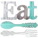 Set of EAT Sign, Fork and Spoon Wall Decor, Rustic Wood Eat Decoration, Cute Eat Letters for Kitchen and Home, Decorative Hanging Wooden Letters, Country Wall Art for Dining Room (Delicate Colors)