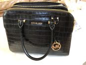 NEW Michael Kors Houston Black Croc Embossed Leather Satchel Handbag With Strap