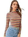 Floerns Women's High Neck Long Sleeve Slim Fit Stretch Striped T-Shirts Multi-1, S