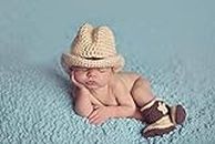 Newborn Boys Girls Baby Photo Shoot Props Outfits Crochet Clothes cowboy hat with Shoe Photography Props Costume (beige)