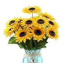 DerBlue 15.74'' Artificial Sunflowers Bouquet with 14 Heads(Two Different Diameter of Flowers) and 40 Leaves Fake Silk Sunflowers Bouquet for Home Office Parties and Wedding Decoration
