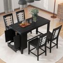 5-piece Solid Wood Dining Table Set W/ Marble Tabletop with Storage Cabinet