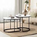 Oikiture Set of 2 Coffee Table Round Marble Nesting Table Side End Table White and Black