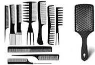MAYU 10 Pieces Professional Hair Comb Set Plastic Hair Styling Comb Kit Rat Tail Comb, Wide Tooth Comb, Detangling Comb, Unisex Barber Combs for All Hair Types with 1 Hair Paddle Brush