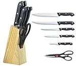 7 Piece Stainless Steel Knife Block Set (Chef Knife-Slicer Knife-Boning Knife-Utility Knife-PARING Knife-Scissors) | Wood Storage Block