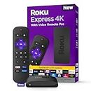 Roku Express 4K with Voice Remote Pro - Roku Streaming Device 4K/HDR, Rechargeable Roku Remote, Hands-Free Controls, Lost Remote Finder, Free & Live TV - Amazon Exclusive