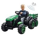 KIDBOT Electric Kids Ride on Tractor Remote Control Car 12V Battery Car Toy Home Outdoor Vehicle Trailer MP3 Player Safety Belt LED Light Green