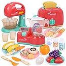 CUTE STONE Kitchen Toy Appliances Playset, Kids Kitchen Toy Mixer and Blender with Sound & Lights, Play Toaster, Cutting Play Food, Toddler Play Kitchen Accessories Set for Boys Girls