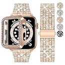 Fullmos Bling Diamond Rhinestone Strap for Apple Watch 45mm with Case, Women Girls Bracelet Stainless Steel Strap Replacement Band for iWatch Series 7 8 - Rose Gold