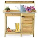 S AFSTAR Outdoor Potting Bench Table, Wooden Garden Work Station with Drawer, Storage Cabinet, Open Shelf, Side Hooks, Metal Tabletop Gardening Workbench, Potting Benches for Outside Backyard Balcony
