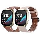 2 Pack Leather Bands Compatible with Fitbit Versa 3 Bands/Fitbit Sense Bands for Women Men, Classic Soft Leather Replacement Wristbands Strap for Fitbit Versa 3 / Fitbit Sense