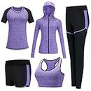 XPINYT 5pcs Workout Outfits for Women Athletic Sets Sport Suits Yoga Gym Fitness Exercise Clothes Jogging Tracksuits (Purple, X-Large)