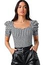 Dream Beauty Fashion Women Puff Sleeve Polyester Blend Sweetheart Neck Houndstooth Print Form Fitted Black Tee, 22" Inches - (Top-Modelo Black-M)