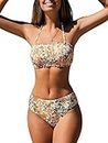CUPSHE Bikini Set for Women Two Piece Swimsuit Bandeau Top Back Tie Floral Print Mid Waisted Bottom with Removable Shoulder Straps Multicolor