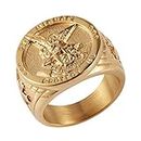 HZMAN St. Michael San Miguel The Great Protector Archangel Defeating Satan Figurine Stainless Steel Amulet Ring (Gold,9)