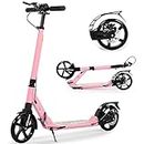 Adult Kick Scooter with Disc Handbrake, Foldable Adjustable Urban Scooter with Dual Suspension, 200mm Big Wheels for Kids Adults and Teens (Pink)