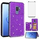 Asuwish Phone Case for Samsung Galaxy S9 Plus Wallet Cover with Screen Protector and Credit Card Holder Bling Glitter Leather Cell Accessories Glaxay S9+ 9S 9+ S 9 9plus S9plus Women Girls Purple