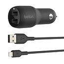 Belkin Cargador para Coche Doble USB de 24 W + Cable Lightning Boost Charge (2 Puertos USB, para iPhone 14/14 Plus, 14 Pro, 14 Pro Max, 13, 12 y Modelos Anteriores además de iPad y AirPods)