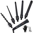 5 in 1 Curling Iron Wand Set, Ohuhu Upgrade Curling Wand 5Pcs 0.35 to 1.25 Inch Interchangeable Ceramic Barrel Heat Protective Glove, Dual Voltage Hair Curler for All Hair Type, Black, Idea for Mother's Day Gift