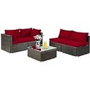 DORTALA 5 Pieces Patio Furniture Set, Outdoor Rattan L-Shaped Corner Sofa Set with Cushions, Coffee Table, Patio Sectional Conversation Set for Backyard Porch Garden Poolside, Red