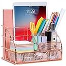 ARCOBIS Rose Gold Desk Organizer with Drawer, Office Desktop Pen Holder with 5 Compartments + 1 Large Drawer | The Mesh Collection
