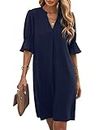 Famulily Casual Dresses Womens Half Sleeve Soft Casual Summer Pure Color Simple Above Knee Slim Fit Beach Shirt Sundress Blue L