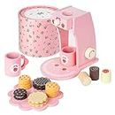 Brite Tools Wooden Coffee Maker Toy with Cookie Tray Espresso Pastel Pink Machine Playset Pretend Play Kitchen Food Accessories Set Montessori Toddlers Kids Ages 3+ Gifts for Girls and Boys