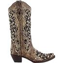 CORRAL LADIE'S BROWN INLAY & FLOWERED EMBROIDERY & STUDS & CRYSTALS, SNIP TOE, LEATHER SOLE, WESTERN, A3569