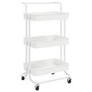 vidaXL 3-Tier Utility Cart with Removable Baskets, Mobile Kitchen Trolley in White, Made of Iron and ABS, Ideal for Kitchen, Bathroom, Office Organization