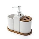 Blue Canyon Aria Set of Bathroom Accessories, 4 in 1 Bathroom Set, Accessories Include Soap Dispenser, Tumbler, Toothbrush Holder & Bamboo Tray, Luxurious Decor, Durable Ceramic Material, White