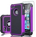 Case for iPhone 4, iPhone 4S Case with [2 Pack] Tempered Glass Screen Protector, Shockproof Defender Armor Protective Dual Layer Hybrid TPU Plastic Rugged Case for Apple iPhone 4S/iPhone 4 - Purple