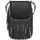Montana West Western Crossbody Bags for Women Cowgirl Small Tooled Fringe Leather Purse, A1-floral Tooled-black