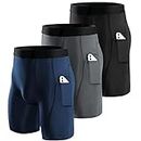 Niksa 3 Pack Mens Compression Shorts Running Base Layer Shorts Men’s Compression Workout Shorts with Cell Phone Pockets Tight Dry and Breathable Sports Shorts for Running,Black,Grey,Navy Blue,L.