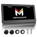 Mega Racer Carbon Fiber Pattern Metal License Plate Frame 1 Pack - 2 Hole Slim Front or Rear Black Aluminum Frames with Stainless Steel Plate Screws and Black Plastic Caps