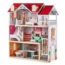 TOP BRIGHT Wooden Dolls House for Girls, Large Dollhouse Toy for Kids with Furniture and Elevator