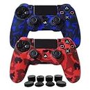 Hikfly Silicone Controller Cover Skin Protector Case Faceplates Kits for Sony Playstation 4 PS4/PS4 Slim/PS4 Pro Cntroller Video Games(2x Camouflage Cover with 8 x FPS Pro Thumb Grips Caps)(Blue,Red)