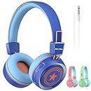 Kids Bluetooth Headphones with Microphone New bee Bluetooth 5.0 Wireless Kids Headphones with 32H Playtime/94dB Volume Limited On Ear Headphones for School/Girls/Boys/iPad/Fire Tablet(Blue)