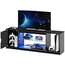 Bestier LED TV Stand for 55/60/65 Inch TV, Gaming Entertainment Center with Cabinet for PS5, Modern TV Console with Adjustable Glass Shelf for Living Room Bedroom, Black Carbon Fiber