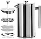 KICHLY - 34 OZ French Press, 100% Stainless Steel Double Walled Insulated Coffee Press with Fine Filters, Espresso & Tea Maker - Silver