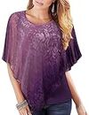 Lotusmile Women's Lightweight Flowy Shirt Double-Layered Printed Chiffon Poncho Blouse Top, Gradient Purple, X-Large