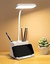 FLYNGO 3 Color Mode LED Study/Table/Desk Lamp with Pen & Phone Holder, Rechargeable Touch On/Off Lamp for Studying (203) Plastic, White