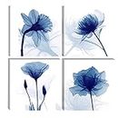 Pyradecor Large Blue Flickering Flower Modern Abstract Paintings Canvas Wall Art Gallery Wrapped Grace Floral Pictures on Canvas Prints 4 Panels Artwork for Living Room Bedroom Office Home Decorations